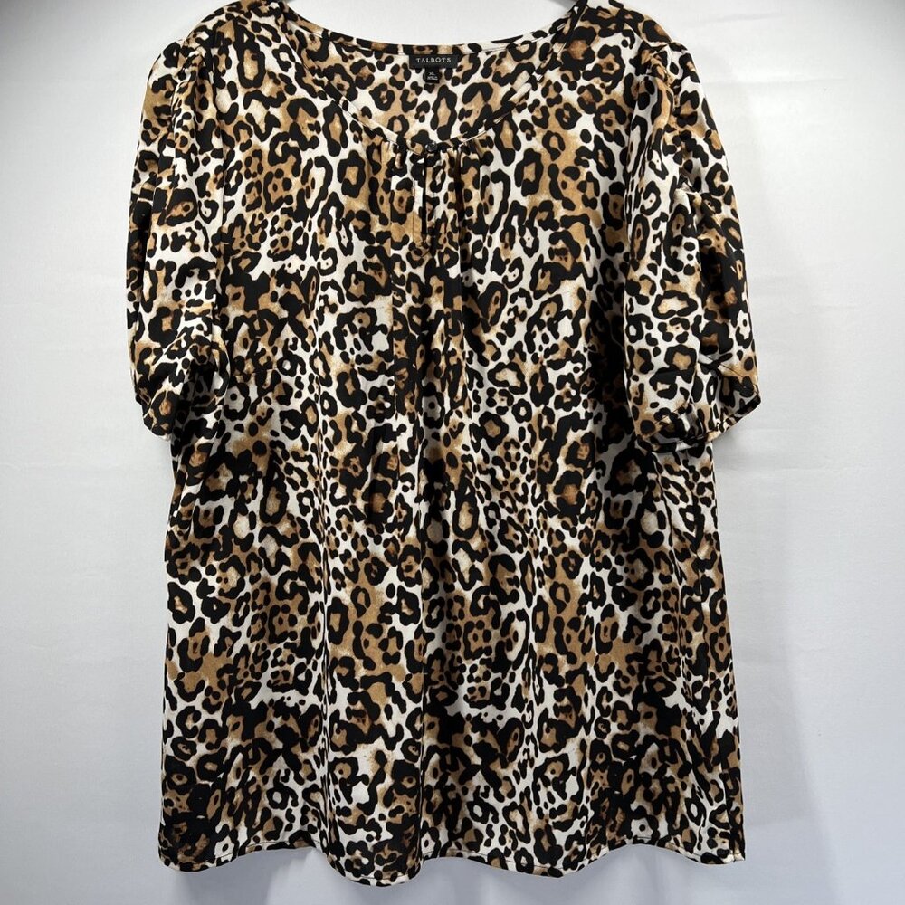 Talbots Women Blouse XL Leopard Animal Black Brown Pullover Short Ruched Sleeves